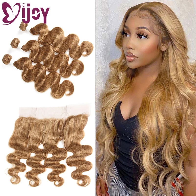 IJOY-mechones de pelo ondulado con malla Frontal, extensiones de cabello humano Remy, rubio miel, 13x4, 3/4 unidades