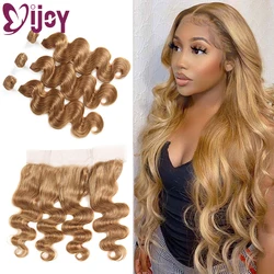 IJOY-mechones de pelo ondulado con malla Frontal, extensiones de cabello humano Remy, rubio miel, 13x4, 3/4 unidades