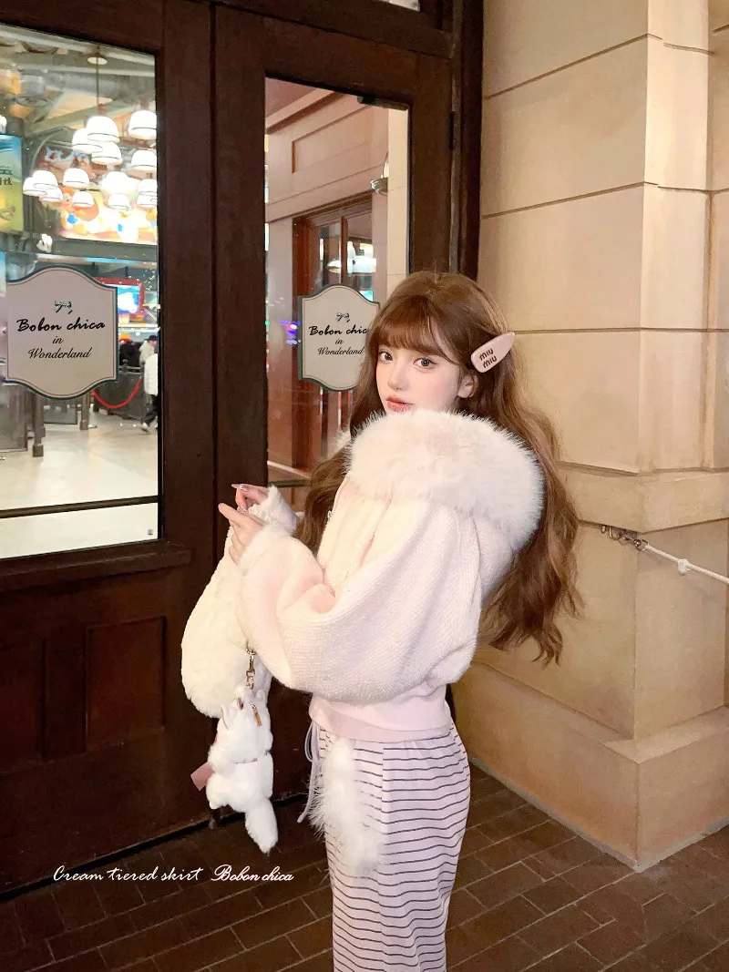 2024 Autumn Winter New Jaquetas Wool Velvet Hooded Big Fur Collar Short Coat Pink Color Long Sleeves Zipper Chaquetas De Mujer