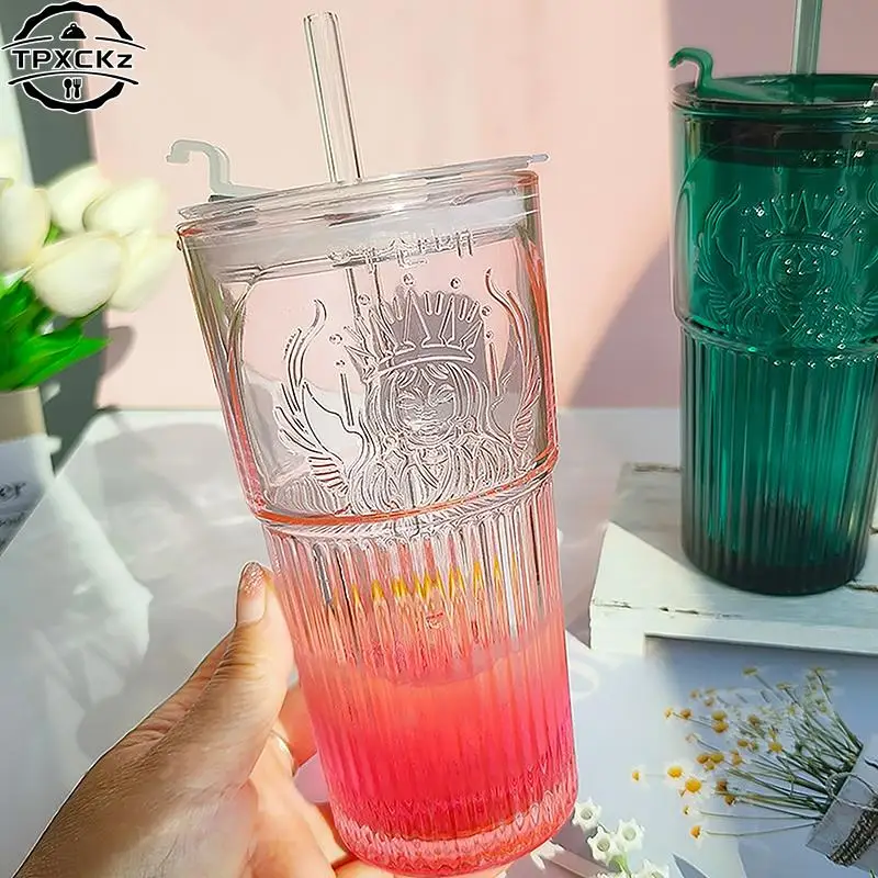 Milk Cup Green Goddess Model Water Cup Glass Cup With Lid and Straw Transparent Bubble Tea Cup Coffee Drinkware Dessert Cup