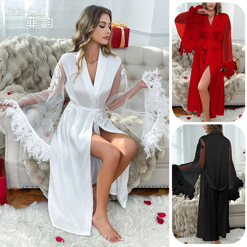 Feiyun brand elegant lace edge long-sleeved nightgown, comfortable silk texture home wear