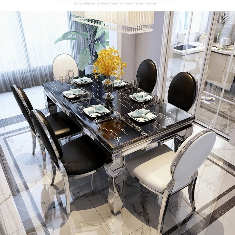 

Marble Dining Tables and Chairs Set Rectangular Stainless Steel Tableware Stone Plate Dinning Table Set Furniture Dining Table