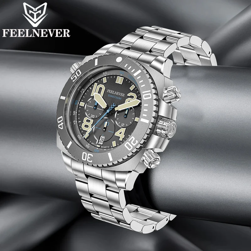 

FeelNever Man Watch Professional Casual Sapphire Crystal Stainless Steel Calendar Waterproof Luminous Quartz Watches for Men+Box