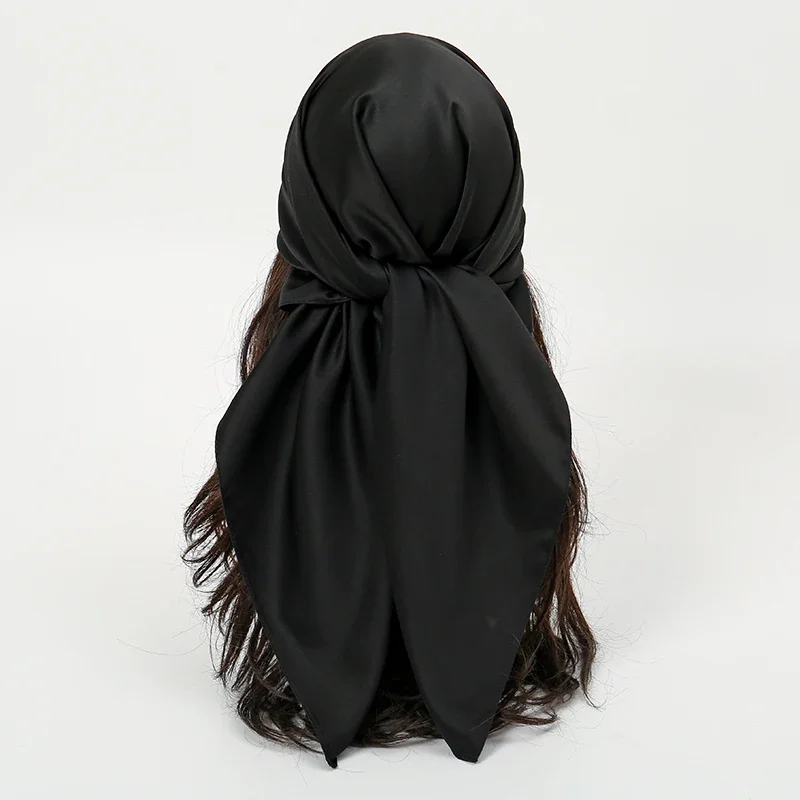 무슬림 여성 히잡 랩 패션 헤어 스카프 캐주얼 이슬람 터번 여성 반다나용 플레인 실크 90 스퀘어 스카프 새틴 헤어밴드