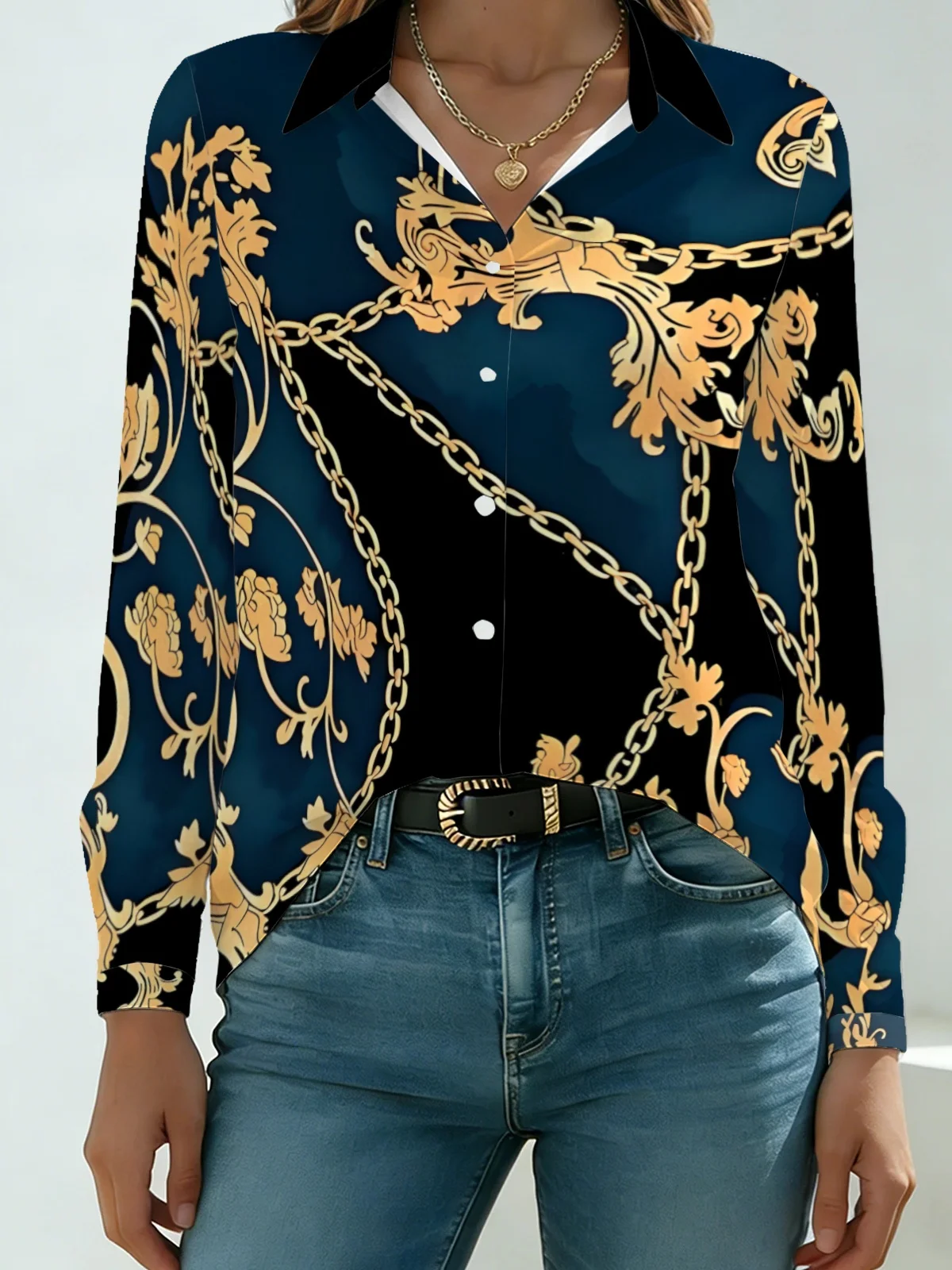 Vintage Royal Golden Floral Chain Print Women Lapel Blouse Dark Teal Black Background Baroque Scroll Vine Long Sleeve Dinner