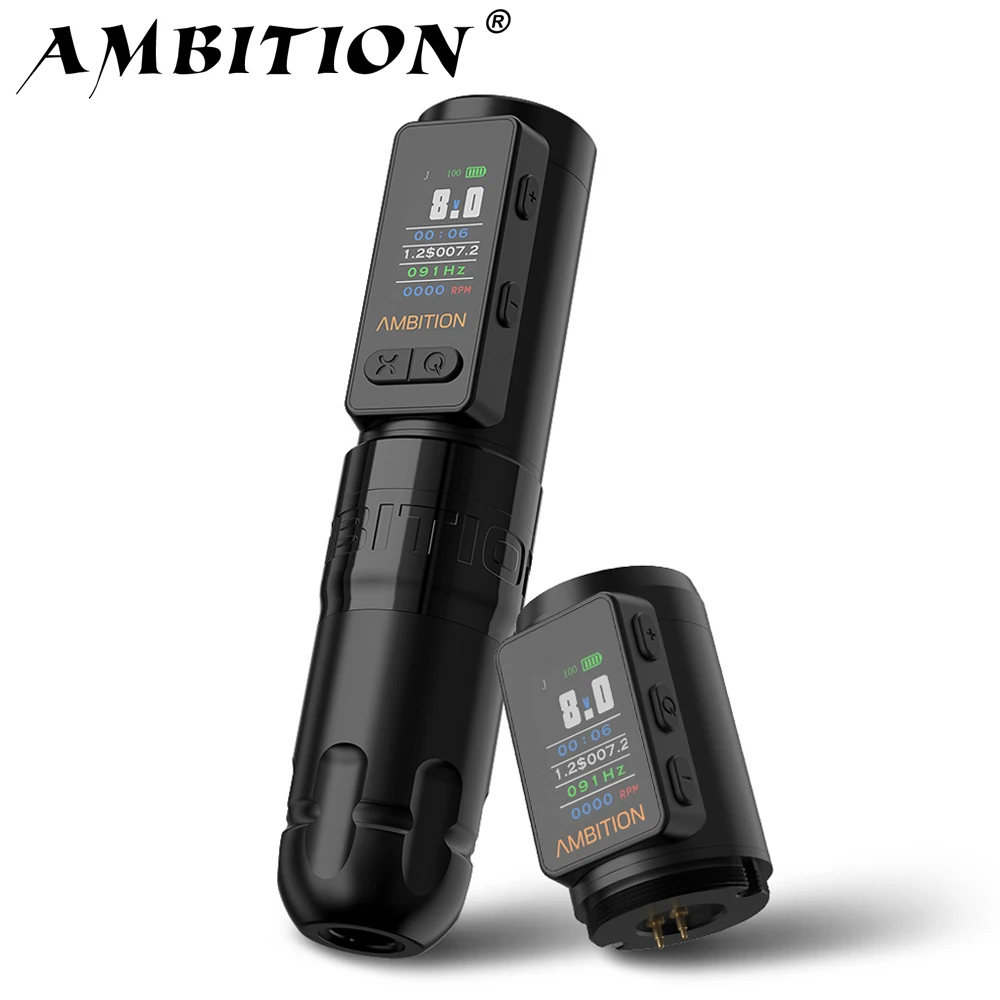 Ambition Soldier Max Wireless Tattoo Machine Pen Double Bearing Straight Rod 2400mAh Color Screen Billing Battery Coreless Motor