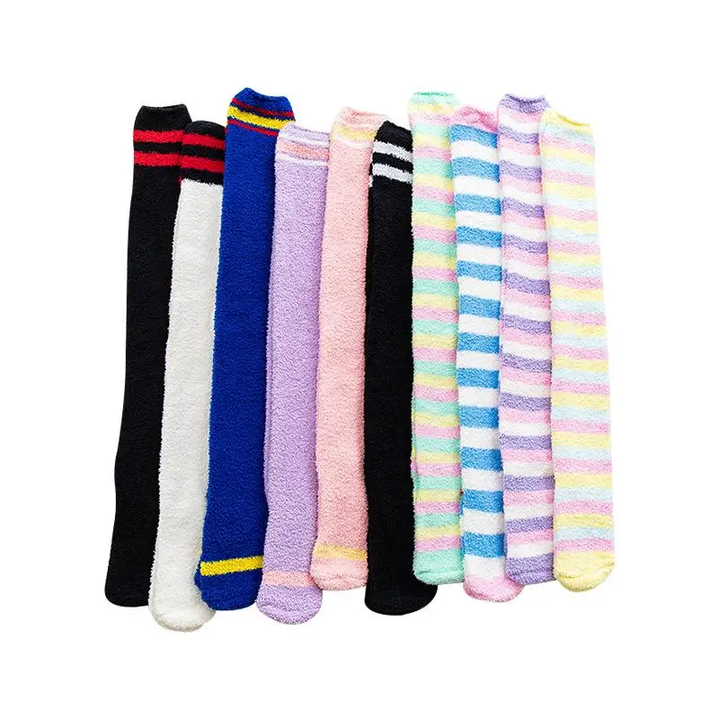 New Women\\\'s Knee Socks Winter Coral Fleece Knee-socks Long Over Knee Cute Stockings Thick Warm Striped Socks