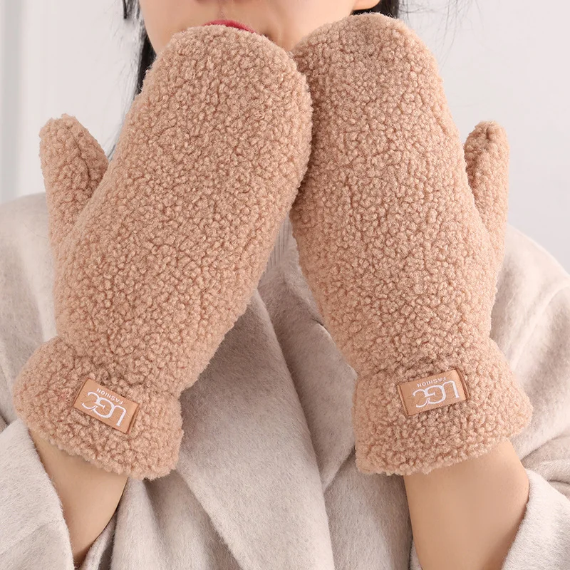 Border Plush Warm Adult Gloves Simple Winter Solid Color Thickened Gloves Student Versatile Even Finger Windproof Gloves