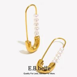 E B belle Official Store Stainless Steel Jewelry Dainty Safety Pin Pearl Earring For Girl 18k Gold Plated Fashion Earring