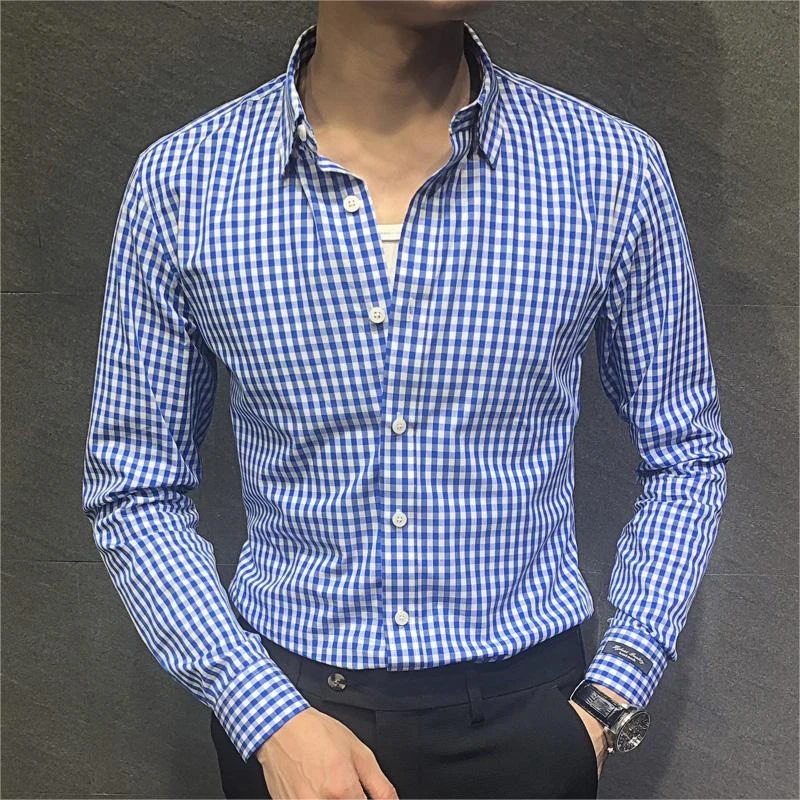 

Men's Black White Small Checkered Long Sleeve Shirt Slimming Versatile Slim Fit All Season Spring Top
