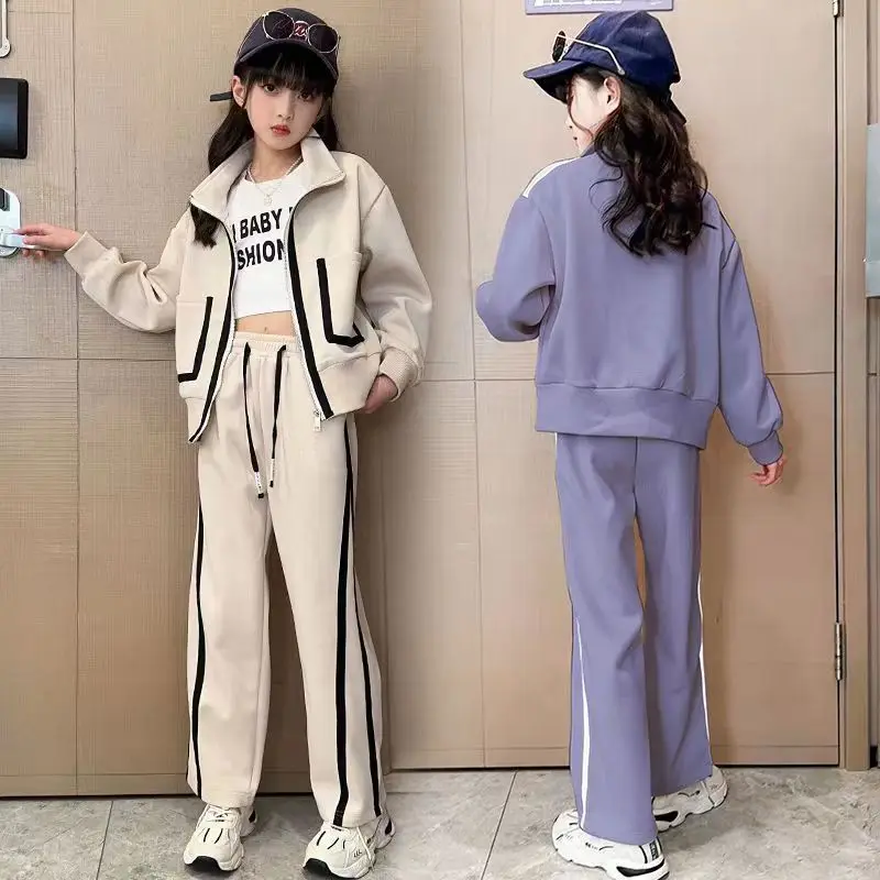 

2023 autumn winter Girls Teenager tracksuit patchwork striped zipper Jacket hooded + straight pants child set 4 7 10 5 9 12 year