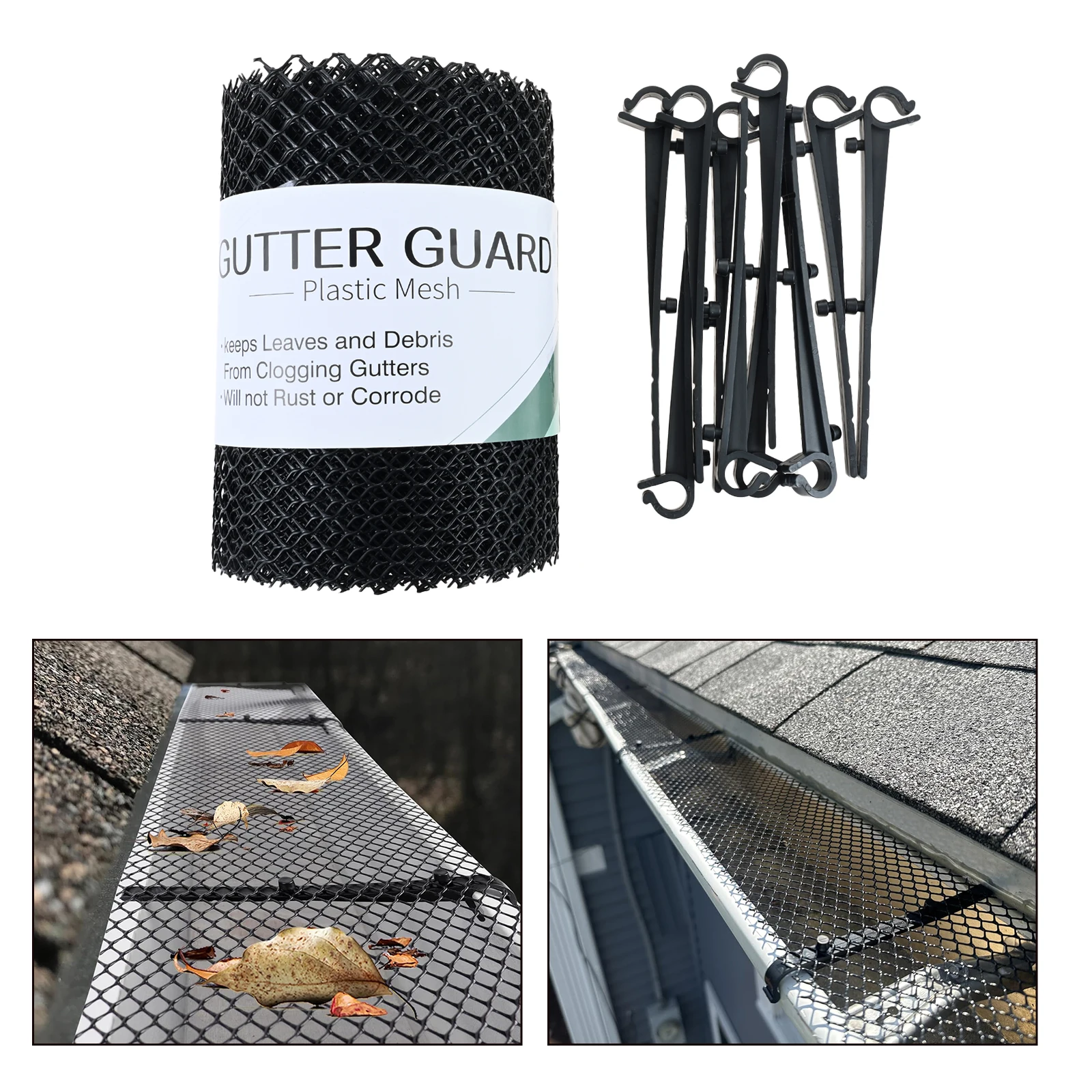 1 Pc Plastic Gutter Guards Mesh Roll with 10 Clip Hooks Block Leaves, Branches, Debris  Household Mesh Garden Use Mesh Not Rust