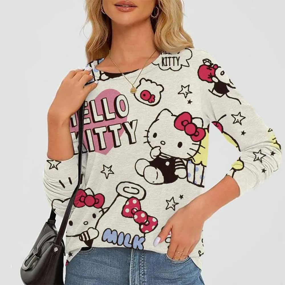 2025 New Women's Round Neck Long Sleeve T-shirt Kuromi Hello Kitty Printed Casual Elegant Women's Long T Street Clothing