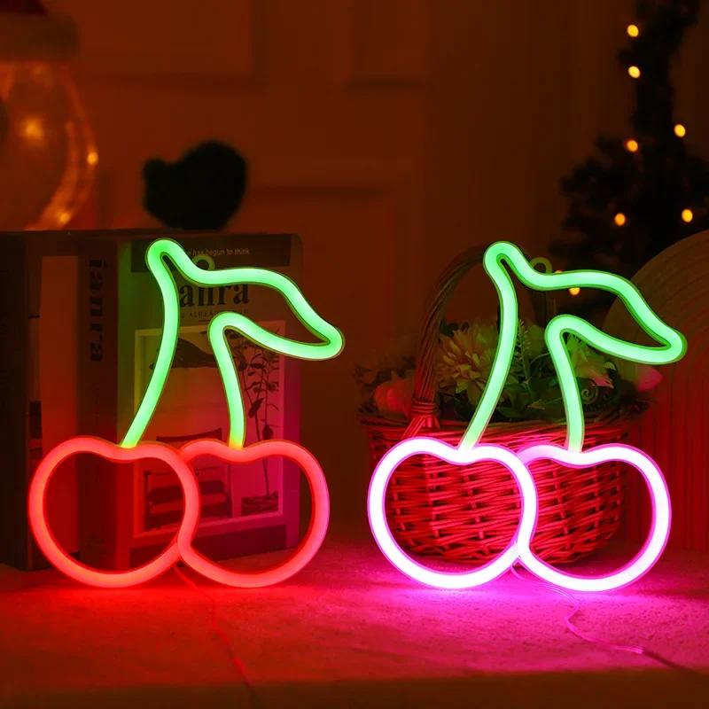 Cherries Neon Lights for Kids Gifts Cherry Neon Signs for Home Wall DecorCute Fruits LED Signs for Restaurants Bar Fruit Shop