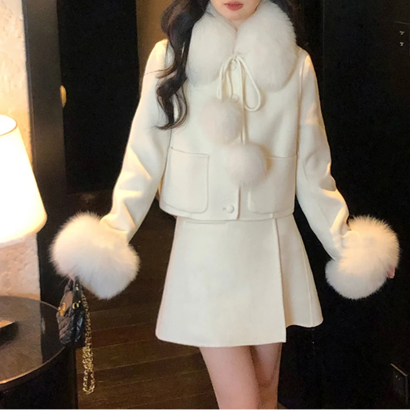 2025 Spring and Winter Two Piece Skirt Set New Fur Collar Fashionable Elegant Double-sided Woolen Jacket Suit Small Short Skirt