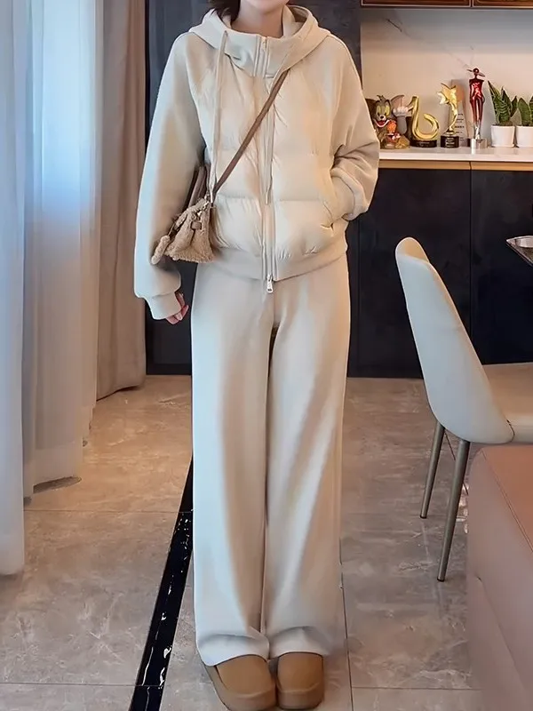 

Women's Fleece Lined Hooded Jacket And Wide Leg Pants Set Warm Casual Outfit Two Piece Suit Gray Color Fall Winter New Arrival