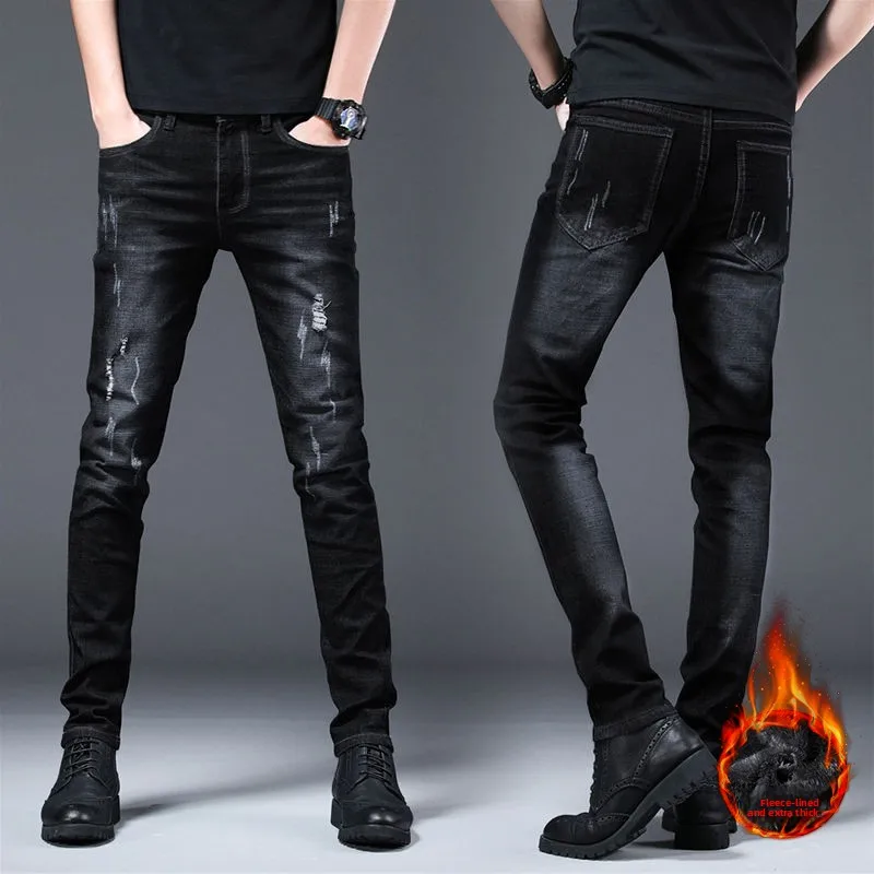 

plus Size Fce Lined Thiened Men's Jeans Elastic Slim Fit Korean Sle Trendy Long Pants Casual Wear Youth ular