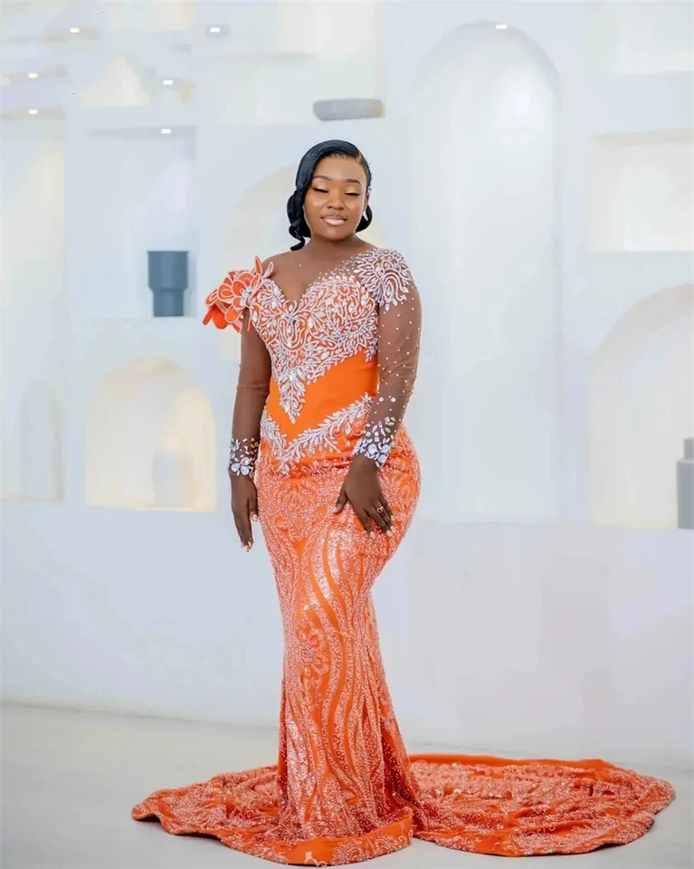 Luxury Beaded Lace African Wedding Reception Dresses Orange Sheer Long Sleeve Crystals Asoebi Bridal Dress Formal Party Dresses