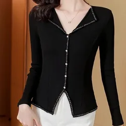 New Summer Women's 2024 Pullover V-neck Spliced Rivet Sequined Slim Solid Color Fashion Comfortable Casual Long Sleeved Tops