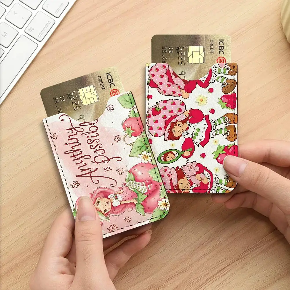 S-Strawberry-shortcake girl PU Leather Slim Credit Card ID Card Organizer Portable Business Card Case for Daily Outdoor Carry