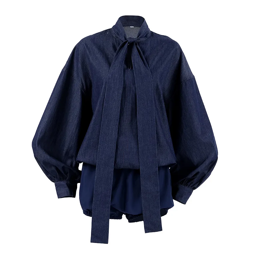 

Women's Blue Denim Suit Loose Bubble Sleeve Shirt Shorts Two-piece Set