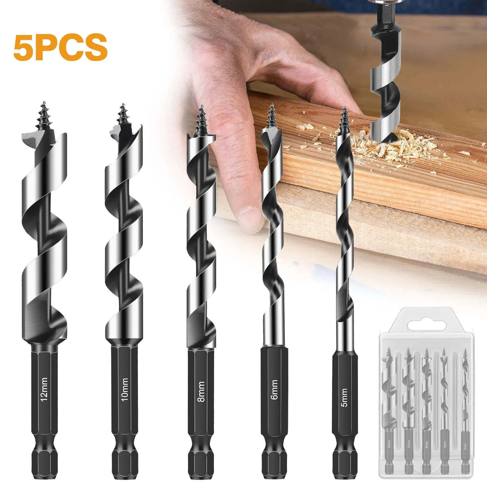 5Pcs Wood Auger Drill Bit Set 1/4-inch Hex Shank 5mm-12mm For Soft Hard Wood Plastic For Cordless & Electric Drills Accessories