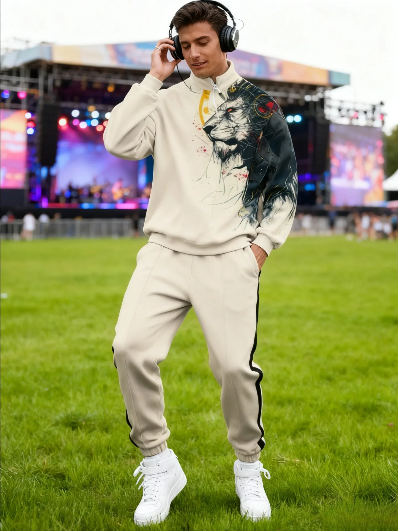 طقم رياضي بنصف سحاب مطبوع رقميًا للرجال من أوروبا وأمريكا - قماش سويت شيرت عالي الجودة صديق للبشرة