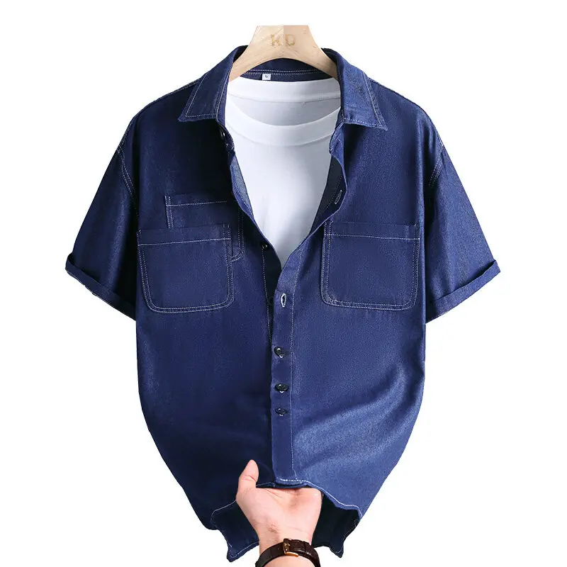 

Модная мужская однотонная джинсовая рубашка с мягким и дышащим воротником, повседневная рубашка с несколькими карманами и короткими рукавами, удобный мужской универсальный топ