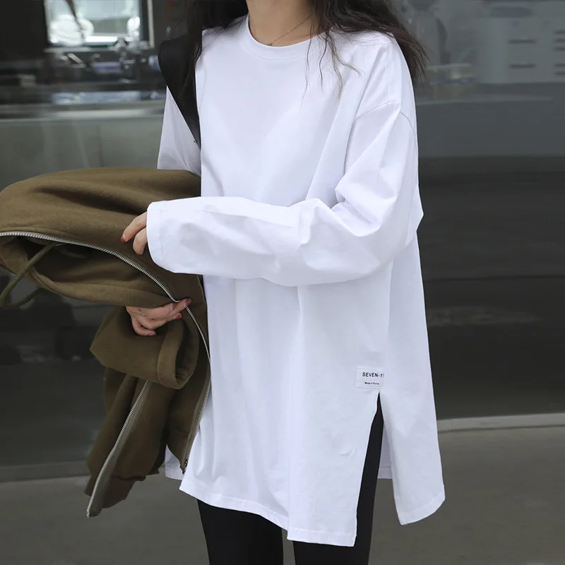 Fashionable Long Sleeve Women's T-shirt Korean Style Side Slit Breathable Cotton Citywalk Top round Neck Pullover  Color