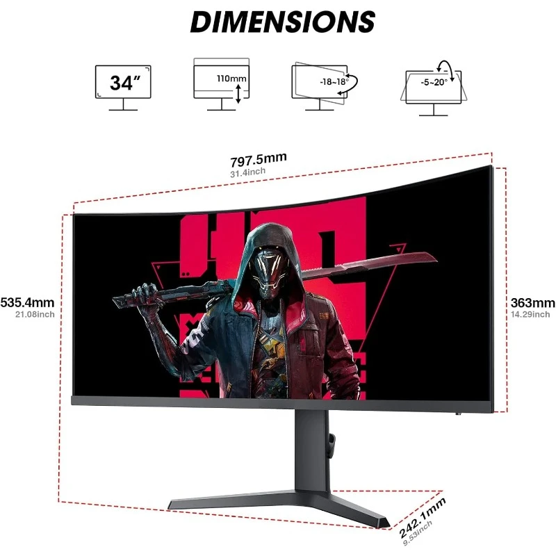 34-inch Ultrawide Curved WQHD 3440×1440 Gaming Monitor, 165Hz 144Hz Curved 1000R- PIP/PBP, 1ms(MPRT)