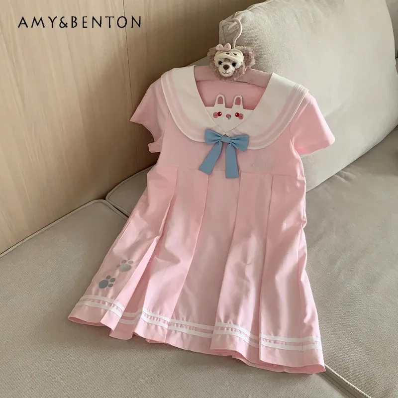 25COSCute آذان أرنب مطرزة الياقة البحرية فستان قصير نحيف الصيف اليابانية نمط Preppy الحلو كم قصير سليم الوردي مطوي