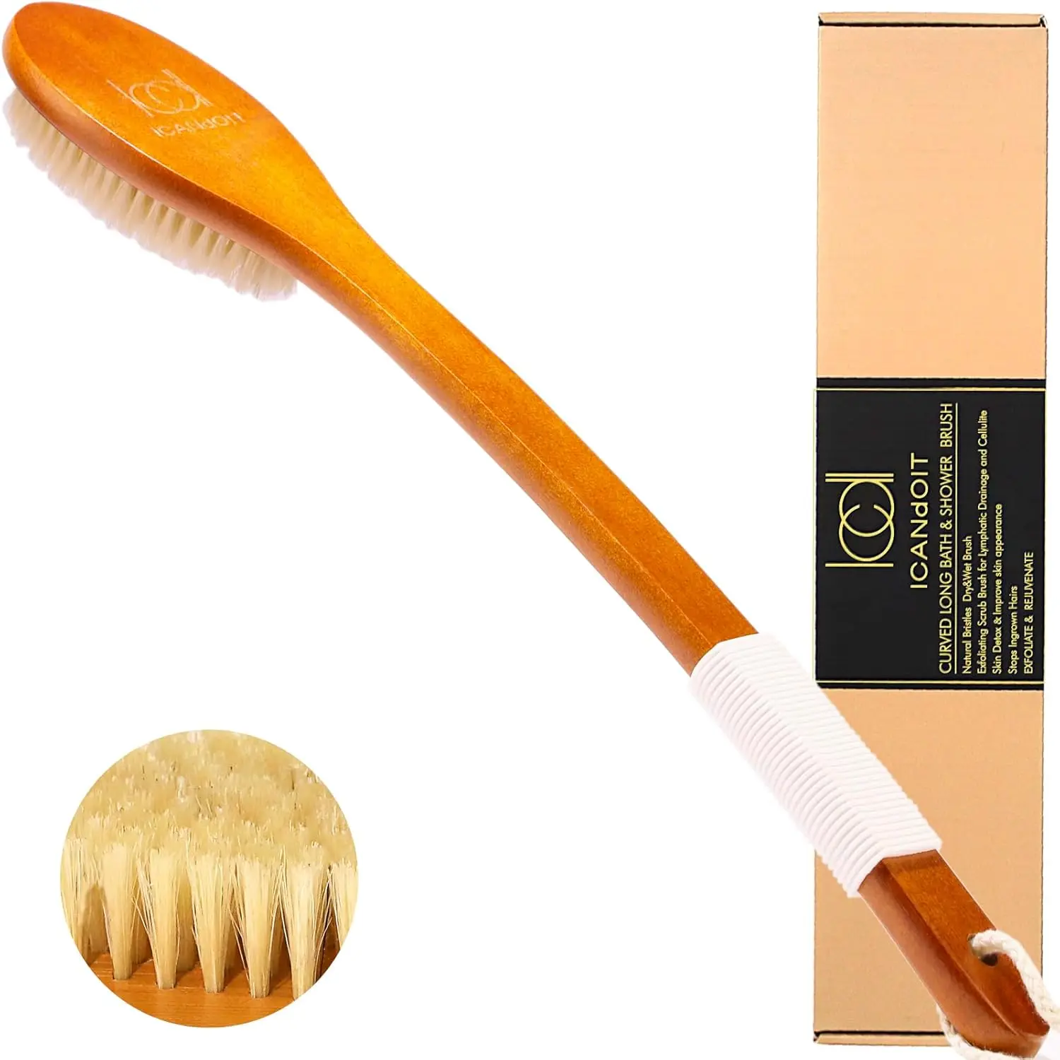 

17.71in Natural Boar Bristle Bath Brush, Long Handle Back Scrubber with Non-Slip Grip