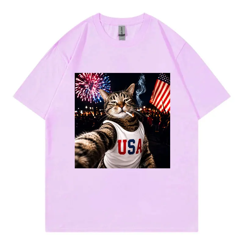 Patriotic Smoking Cat Funny Meme T-shirts High Quality Fashion Short Sleeve T-shirt Men Women Summer Casual 100%cotton T Shirt