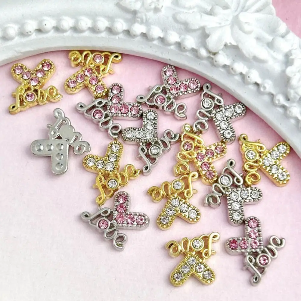 10Pcs Light Luxury Heart Letters Alloy Nail Art Decorations Mini Rhinestones Inlaid Gold Silver Mixed Shinny Nail Charms for DIY