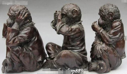 SCY 1114+++Chinese Antique Bronze No Speak Hear See Three Monkey Monkeys Animal Statue Set