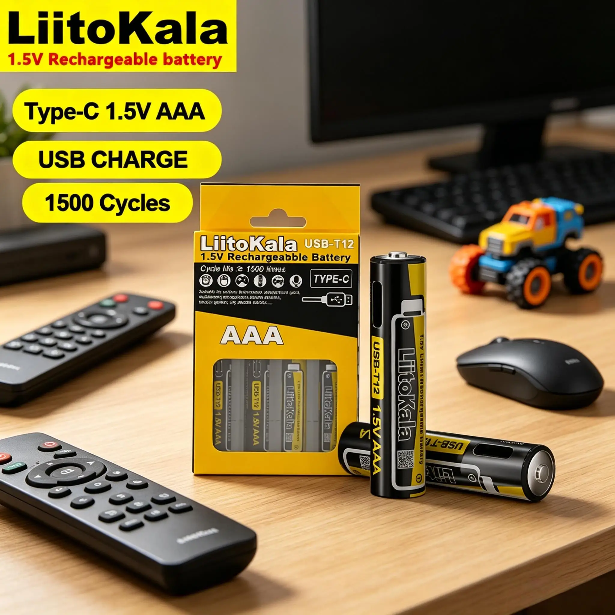 Liitokala USB-T12 1.5V AAA 1200mWh Li-Ion Rechargeable Battery 1500 Cycle Type-C AAA 300mAh Battery with 4-in-1 USB Cable