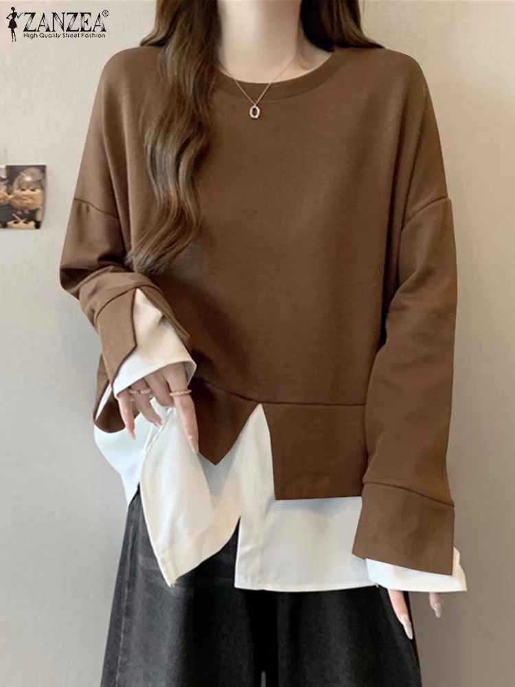 2024 Casual Long Sleeve Tops ZANZEA Autumn Women Sweatshirts Simple Patchwork Side Slits Jumper Holiday Fake 2PCS Thin Pullover