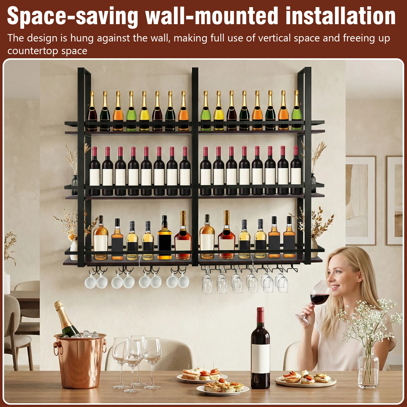 

Трехуровневые настенные полки для бутылок с алкоголем, металлические подвесные с держателями для стаканов, для кухни, дома, столовой, гостиной