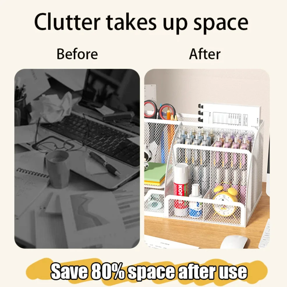 Mesh Pen Holder and Organizer Office Supplies with 7 Compartments, Desktop Organizer with Drawer, Metal Pen Holder for Desk