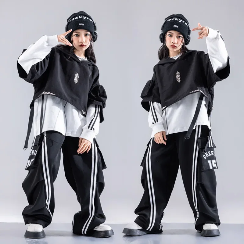 Jongens hiphopkleding witte tops zwarte cape zwarte zakken cargobroek voor meisjes kinderen jazzdans kostuum kledingset