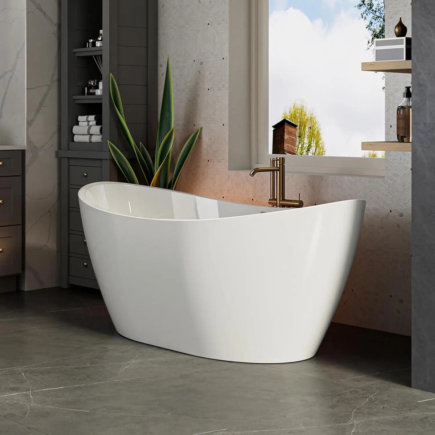 

67" Acrylic Freestanding Bathtub Soft Sloping Curves Ergonomically Designed Durable Construction Integrated Drainage System