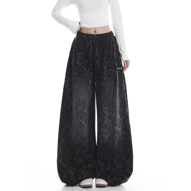 ZHIZOU الأمريكية الرجعية Y2K 2000s مطبوعة رسالة مخطط بنطال ذو قصة أرجل واسعة المرأة الربيع الهيب هوب عادية ليوبارد طباعة السراويل الرياضية