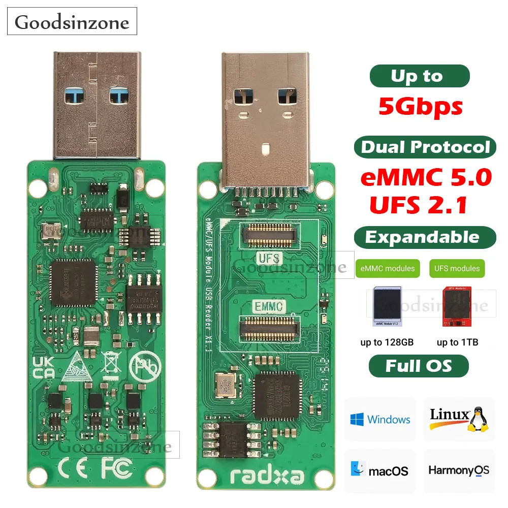 

eMMC/UFS Module Reader for Radxa eMMC / UFS modules, USB3.0 Type-A, Support Full OS Max. 5Gbps High Speed
