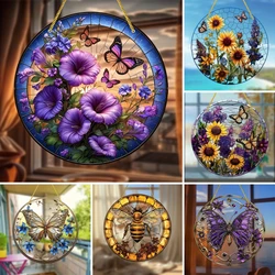 Vibrant Purple Butterfly Suncatcher - Stained Glass-Inspired Window Hanging, Durable Acrylic Round Sign Winter and Holiday Decor