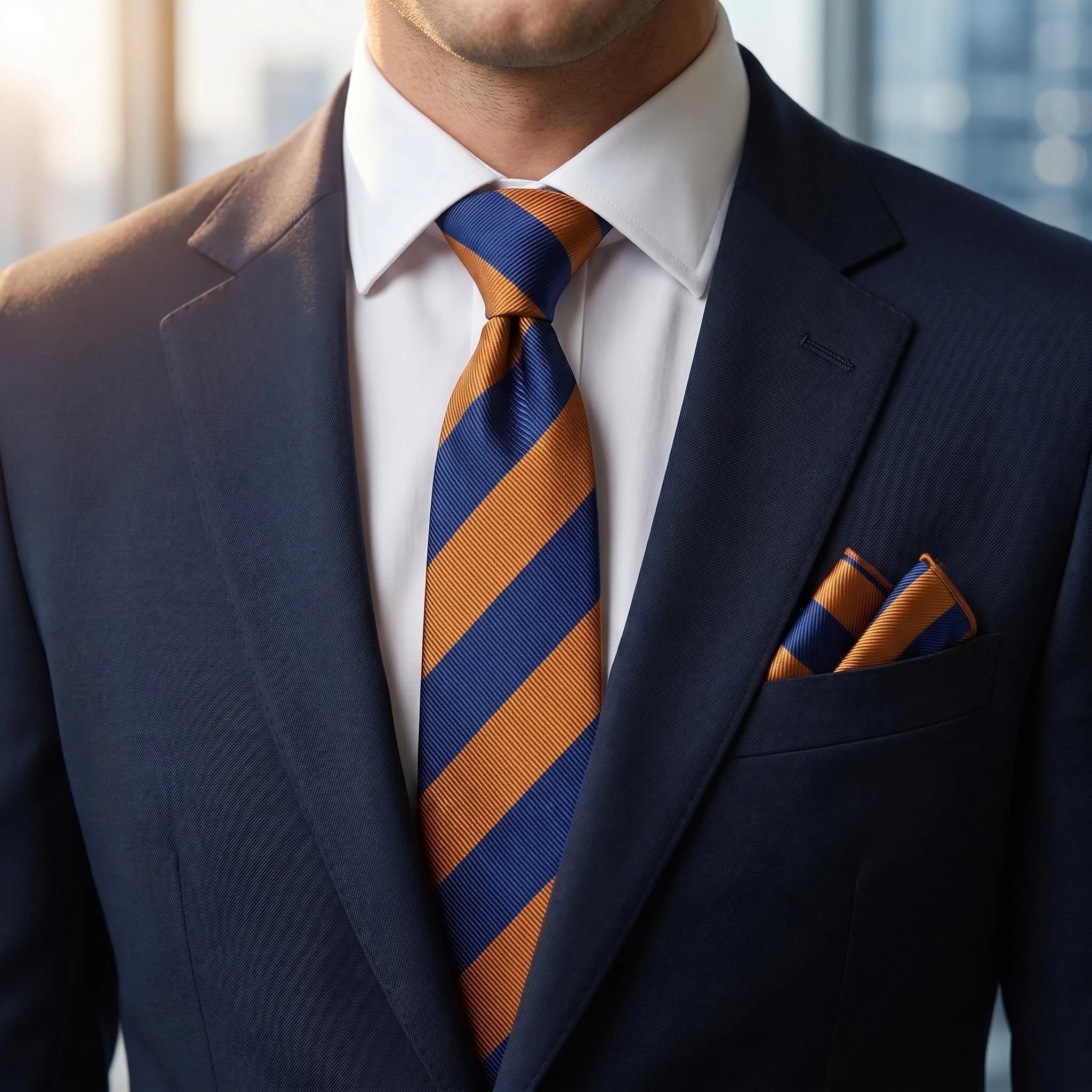 Striped Mens Necktie Set Pocket Square Navy Blue Orange Stripes Tie Hanky Wedding Classic Extra Long Size Suit Accessories