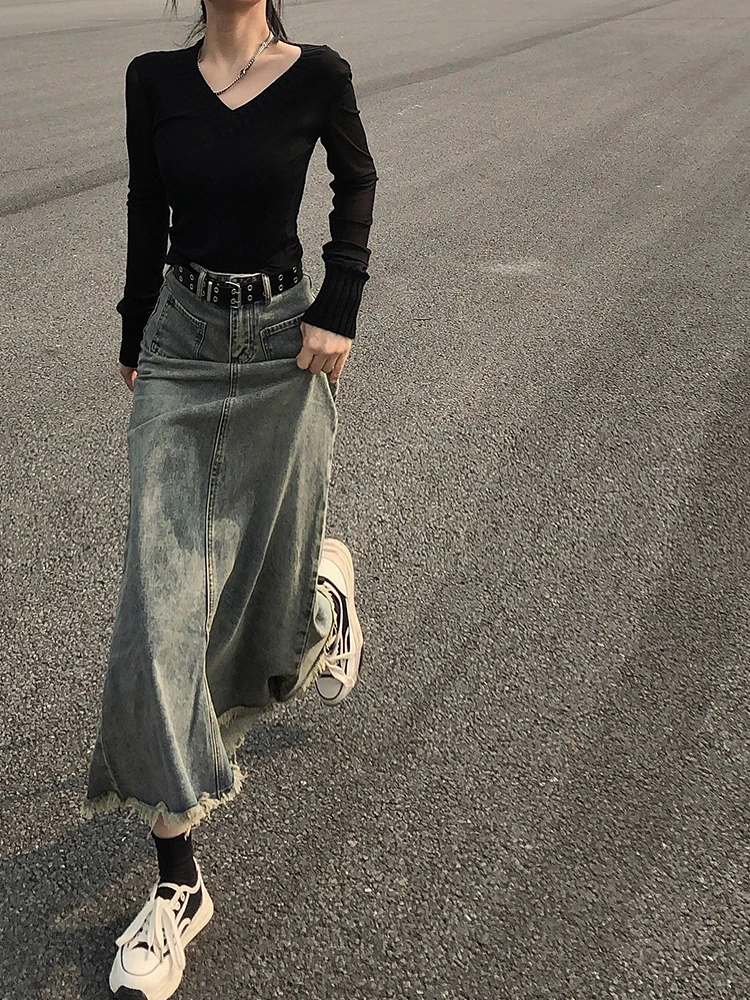 

High Waist Mid-Length A-Line Denim Skirt with Frayed Hem for Women Autumn New Sle Korean Sle Commute High Waist Skirt