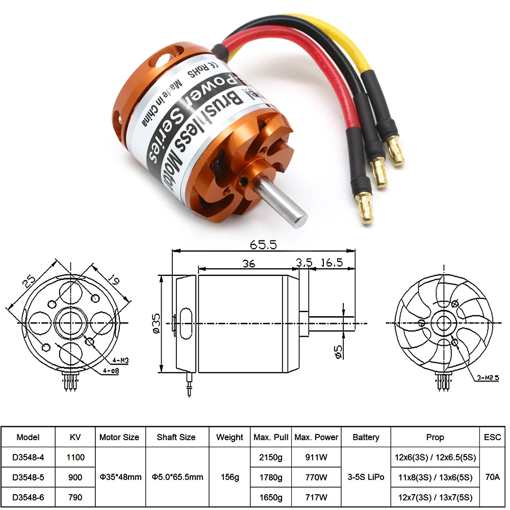 D3548 3548 790kv 900kv 1100kv motor sem escova 3-5s para mini multicopters rc avião helicóptero