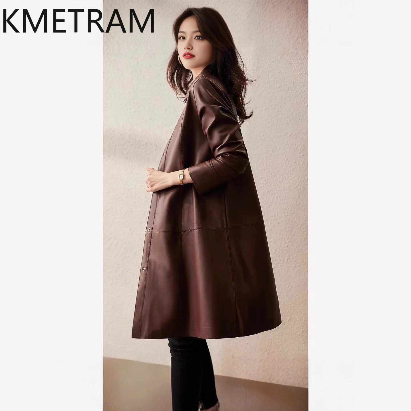 KMETRAM Genuine Sheepskin Leather Jacket Woman Fashion Red Mid-Length Trench Coat High Quality Autumn Jackets Women Clothes 2026