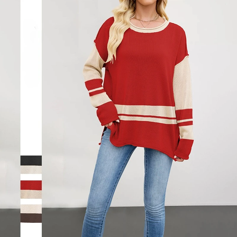 

Women Pullovers Jumper Knitted Y2k Sweaters Color Block Long Sleeves Round Neck Slight Stretch Loose Office Lady 2025 Autumn