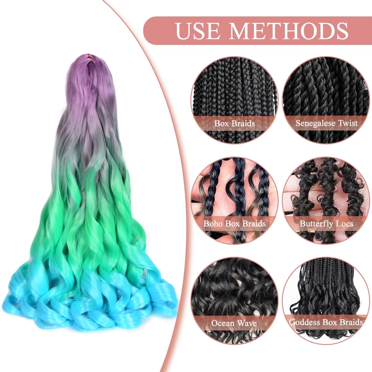 Cabello trenzado con rizos franceses, trenzas rizadas en espiral de onda suelta sintética de 24 pulgadas, pelo preestirado ombré de alta temperatura